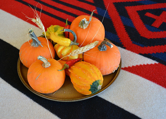 squash and pumpkins on Navajo-Churro rug