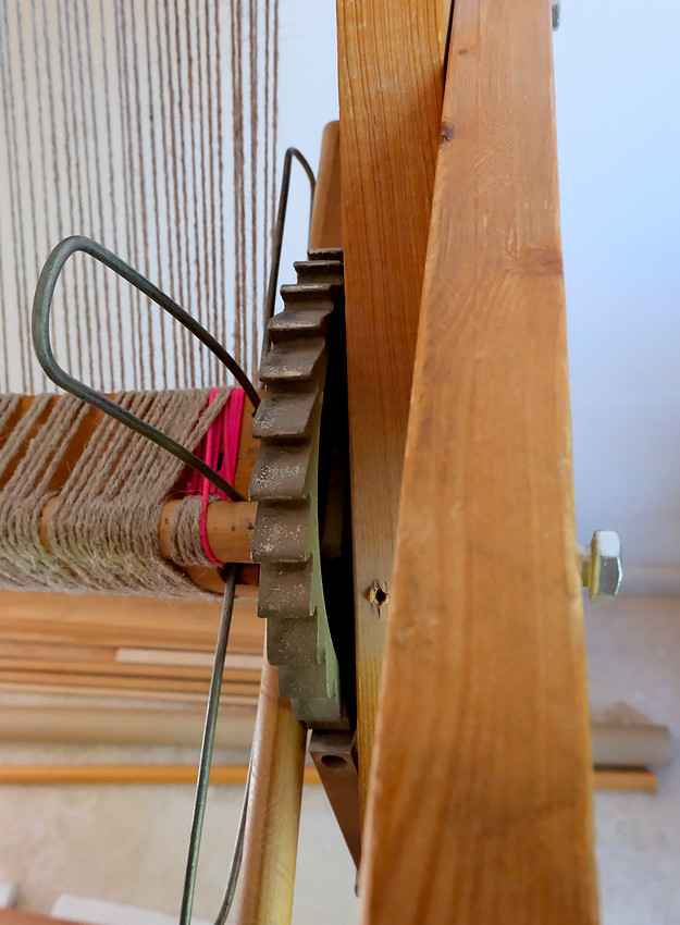 weaving - back ratchet attached to warp beam (loops are Fred's modification)