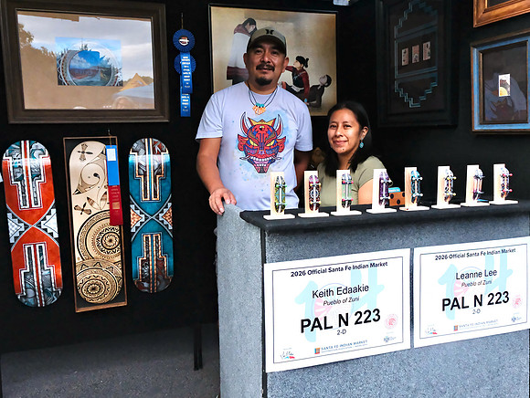Indian Market 2026 - skateboard art 2 by Keith Edaakie and Leanne Lee, Zuni Pueblo
