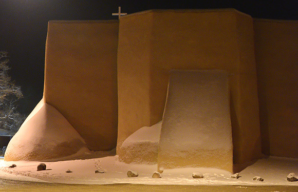 Ranchos church on a snowy night
